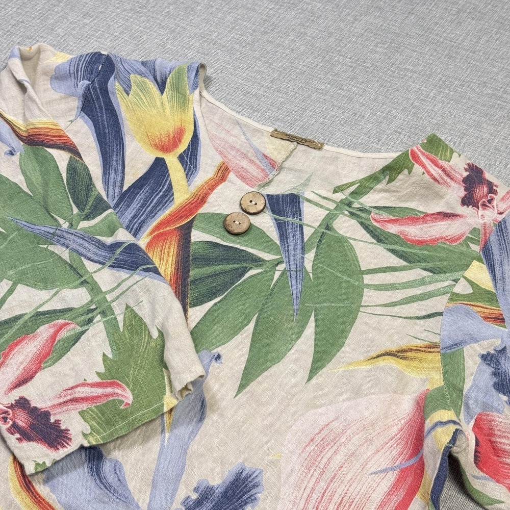 Beyond Capri Linen Hawaiian Tunic Blouse Womens One Size Multicolor 3/4 Sleeve